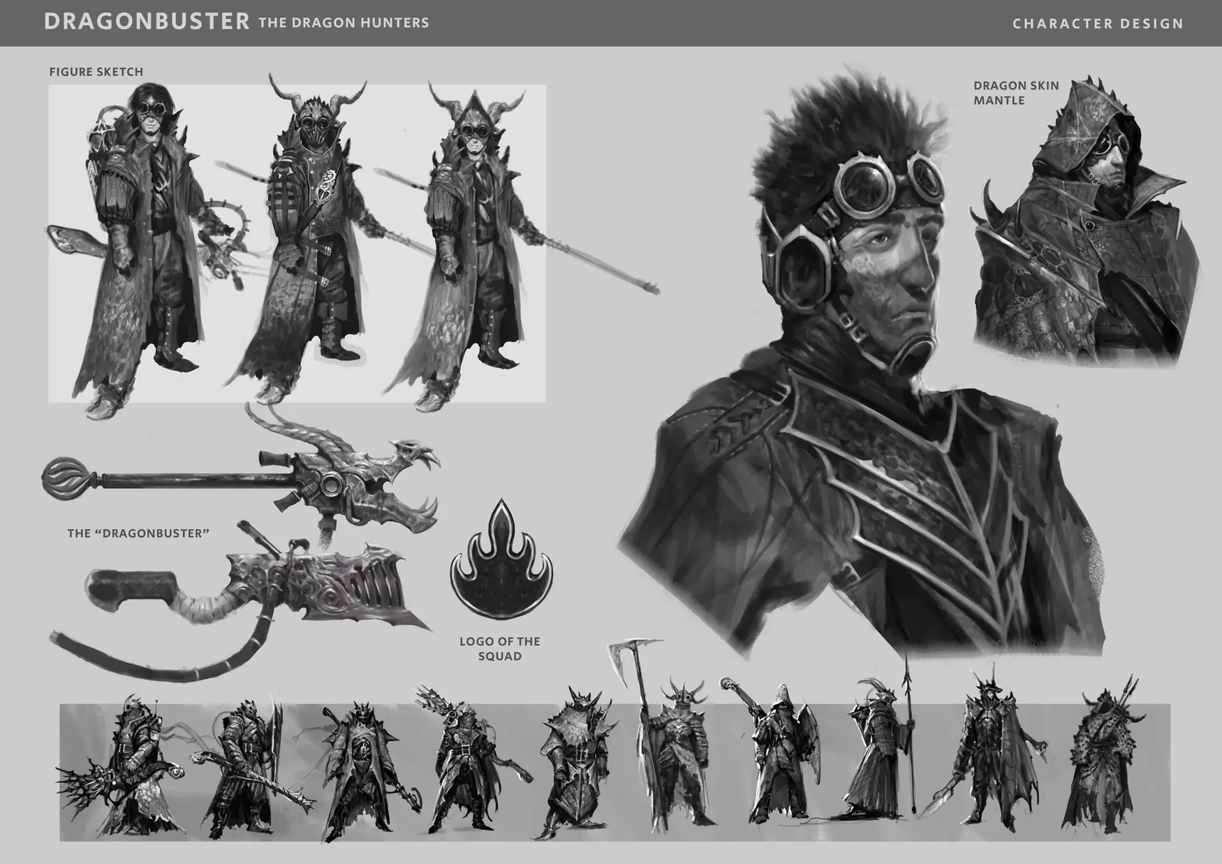 Greyscale character design sheet with figure sketches, a head study, weapon designs and a silhouette row.