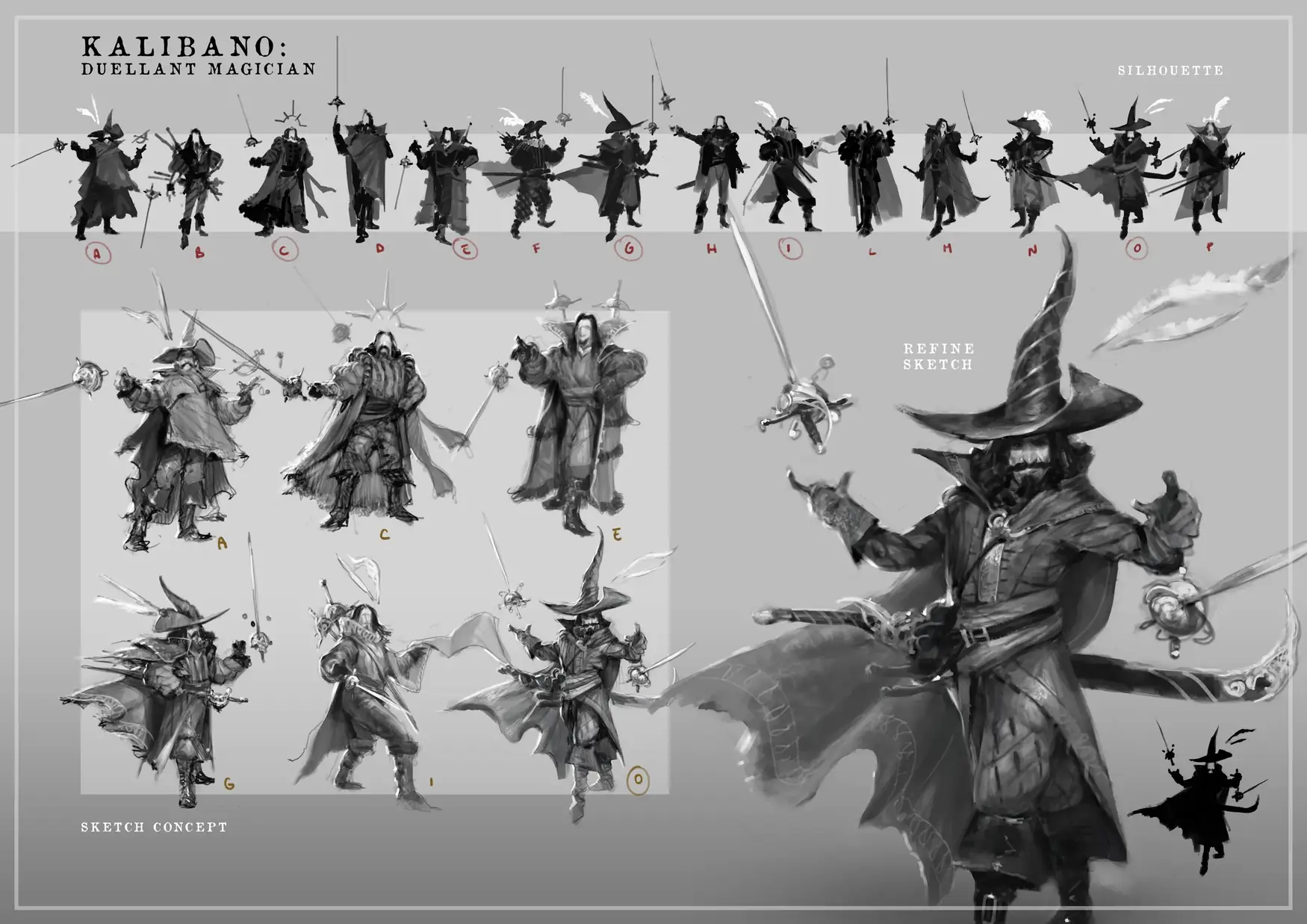 Greyscale design sheet showing a silhouette row, sketch concepts and a refined duellist figure.