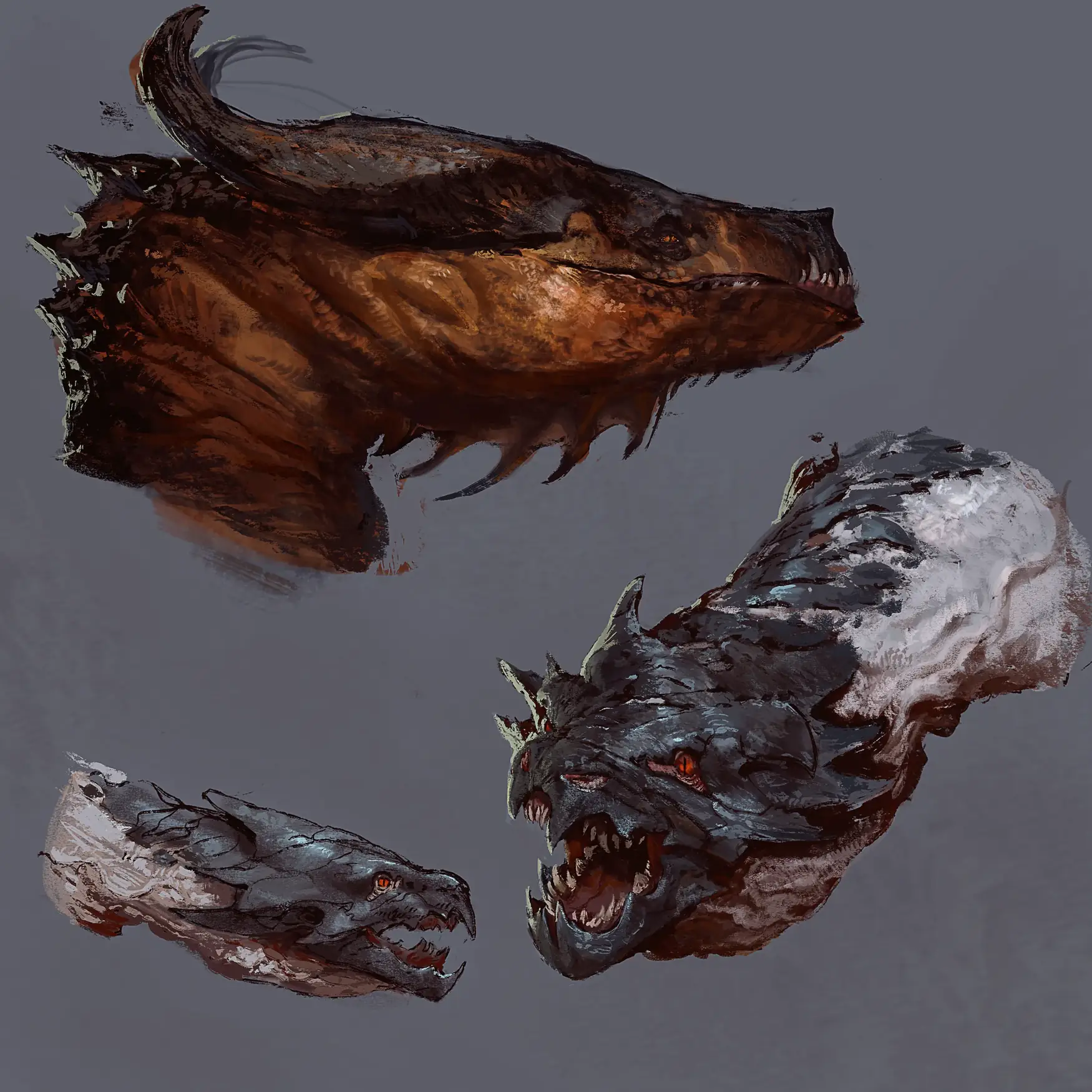 Three dragon head studies in different scale patterns and colour schemes.