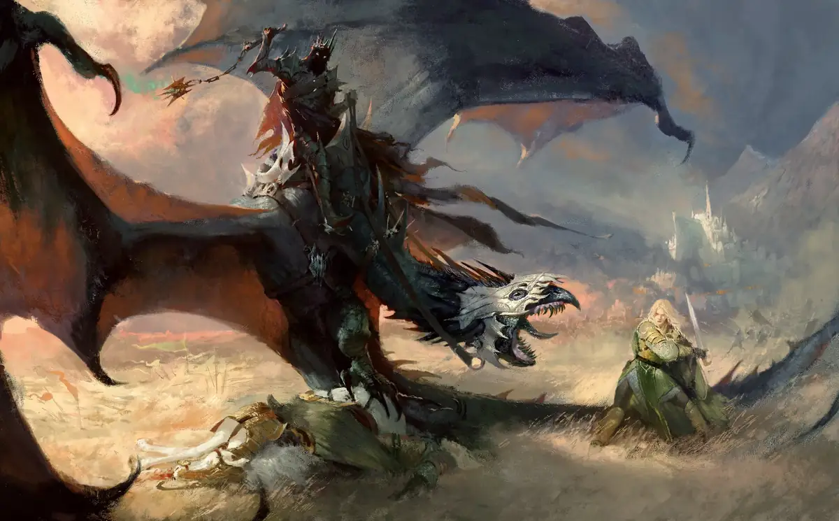 A lone warrior confronting a mounted rider on a winged beast before a besieged city.