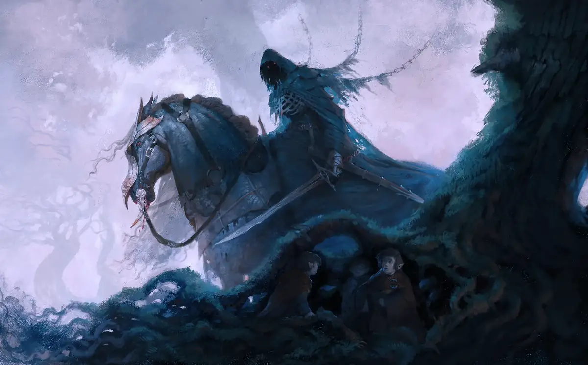 A hooded rider on an armoured horse passing four hidden figures in the undergrowth.