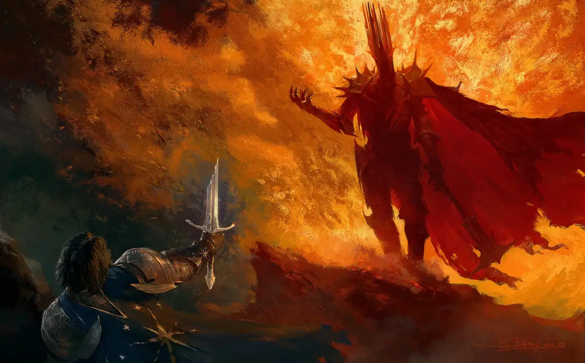 A warrior raising a blade against a towering armoured figure wreathed in fire.