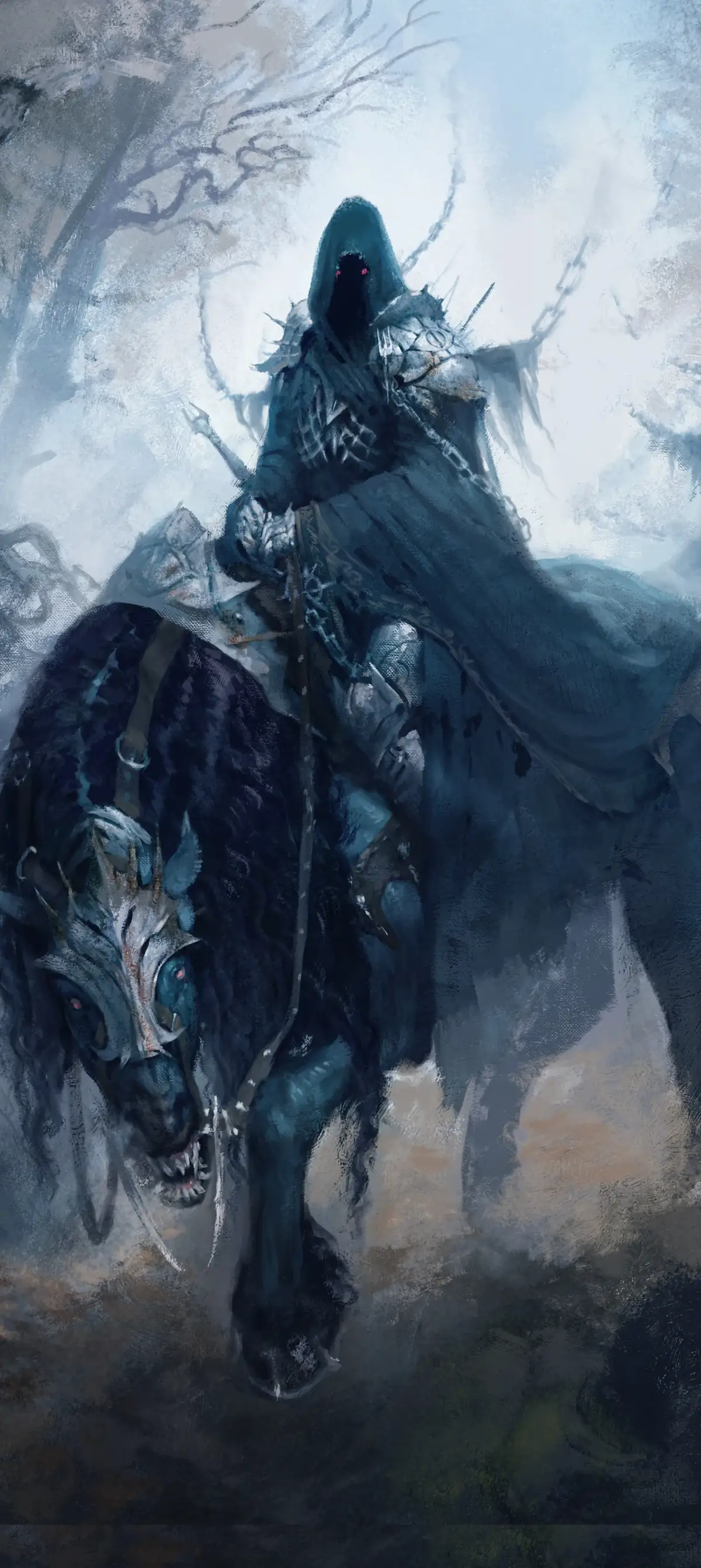 Tall composition of a hooded rider on a dark armoured horse in mist.