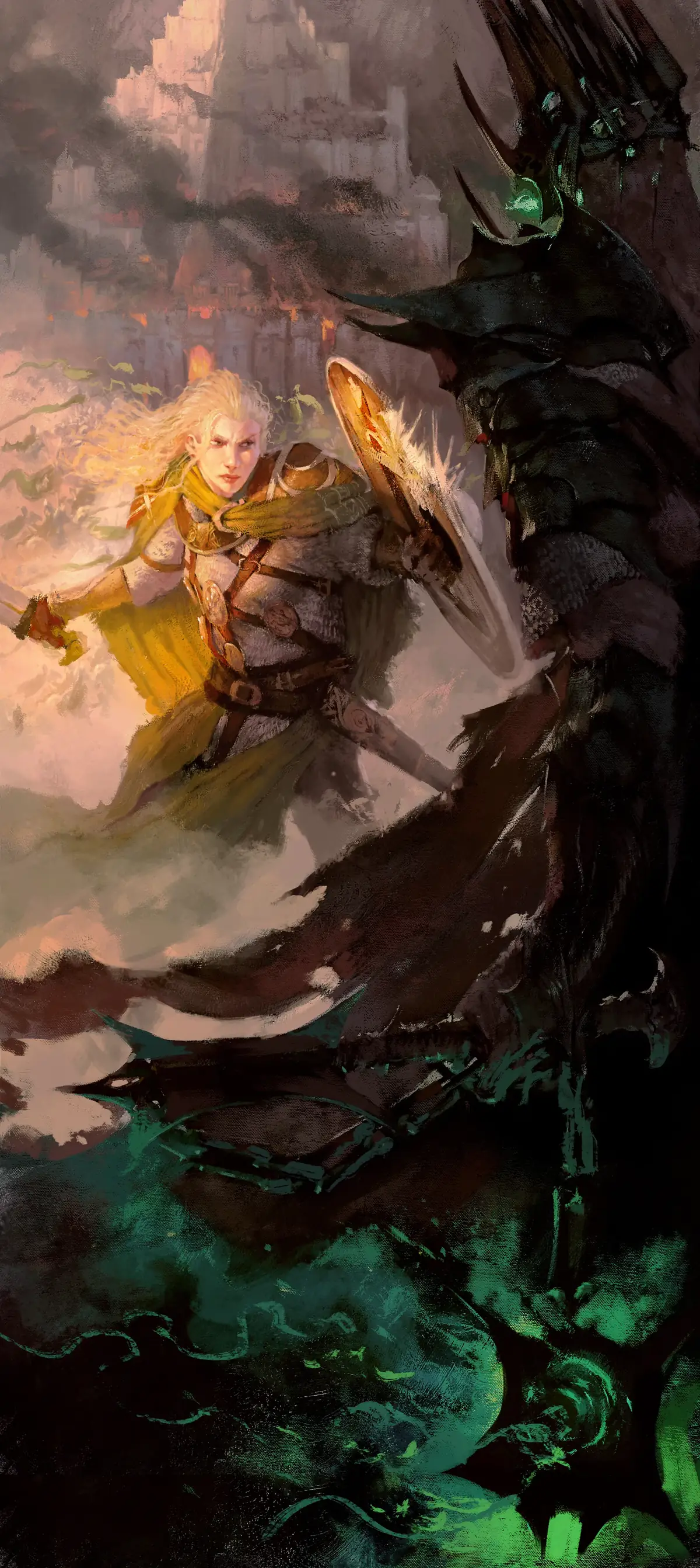 Tall composition of a fair-haired warrior with shield raised against a dark armoured figure.