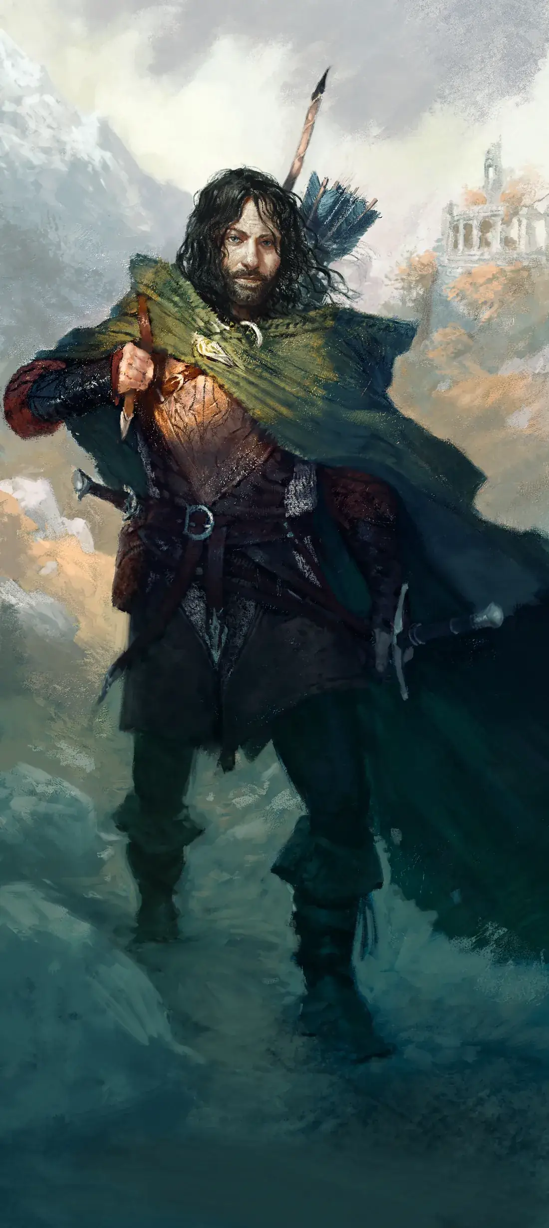 Tall composition of a cloaked ranger with a bow and blades, a white city behind him.