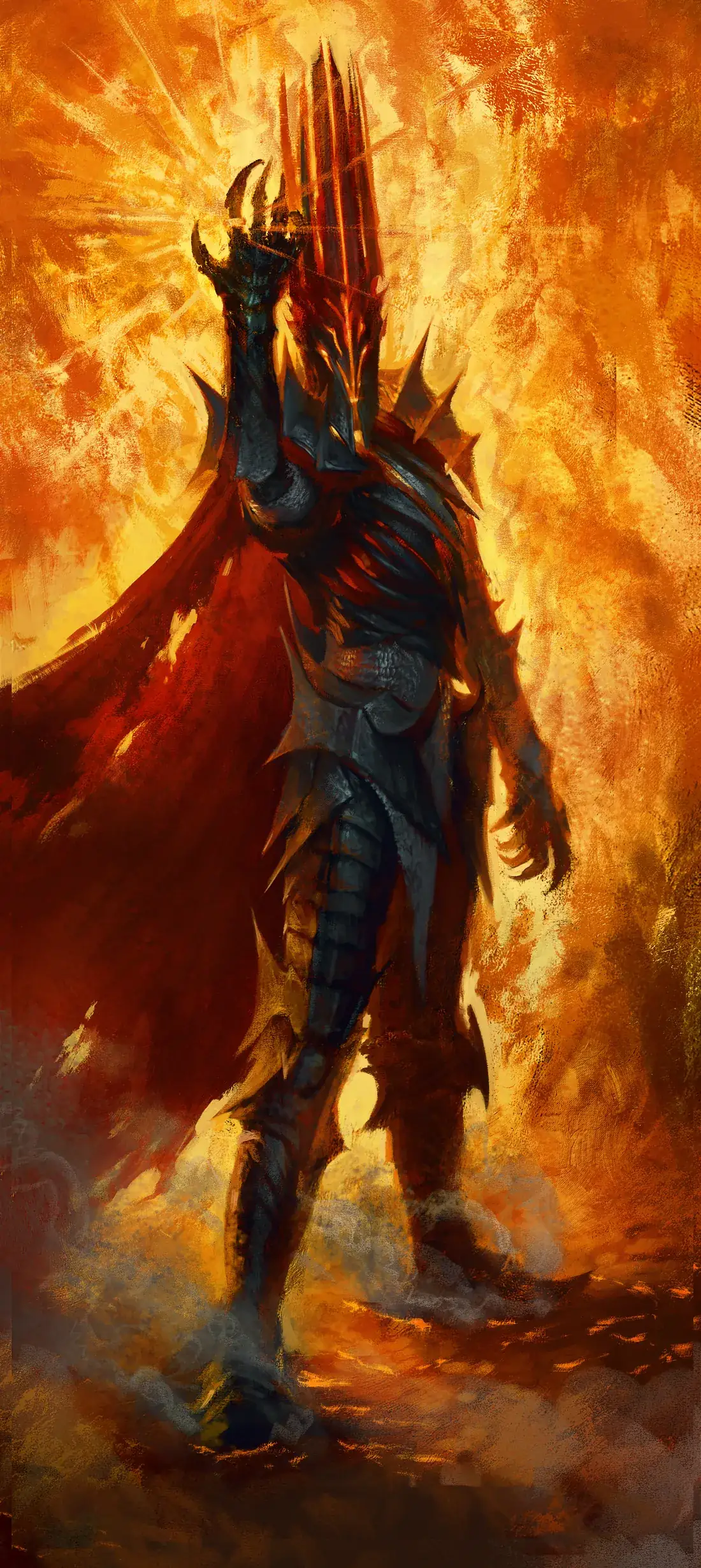 Tall composition of a spiked-crowned dark lord raising a clawed hand amid fire.