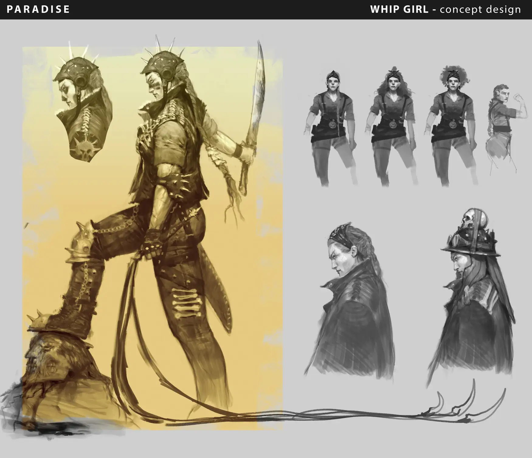 Two-tone design sheet of a spiked-helmet fighter with a whip, plus greyscale outfit and head variants.