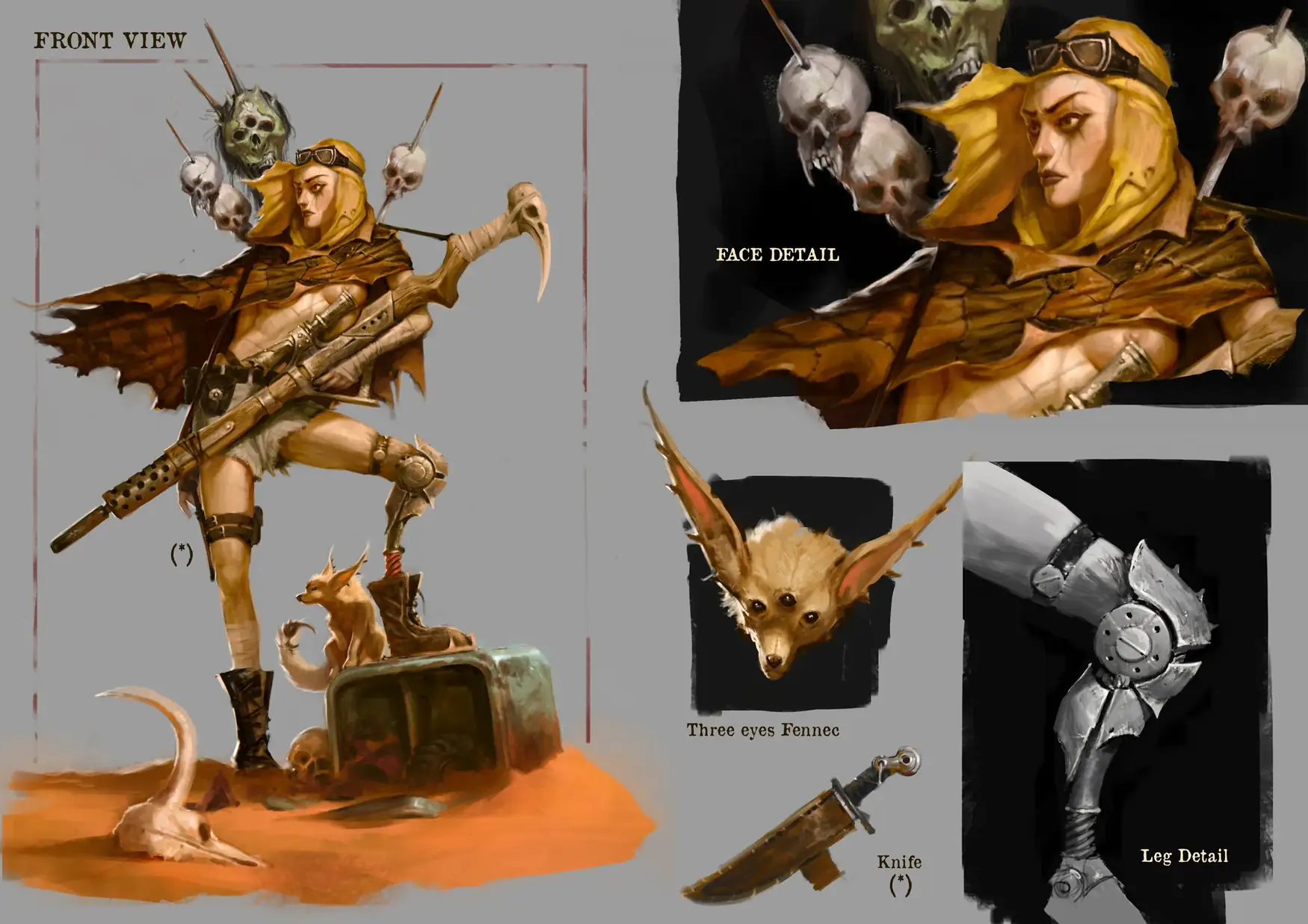 Design sheet of a desert marksman with a long rifle, skull totems and a three-eyed fennec companion.