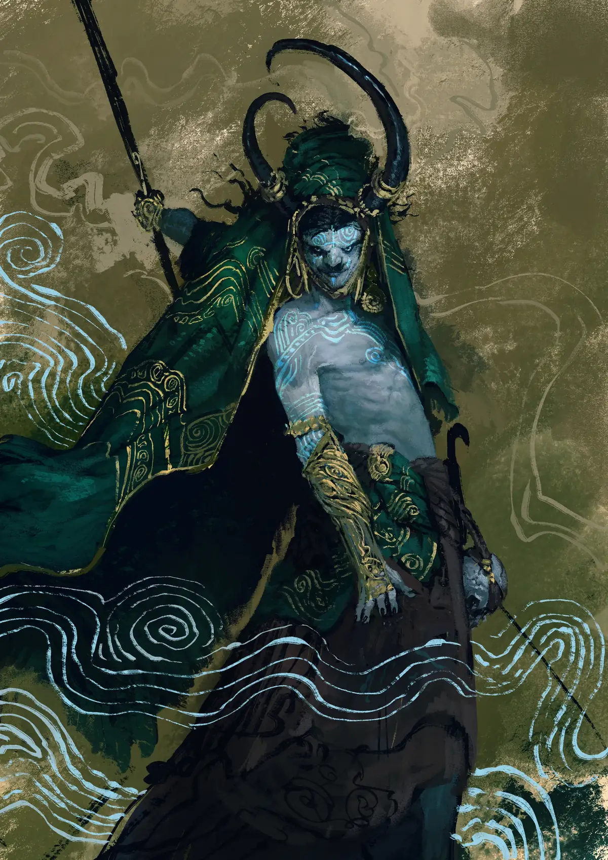 Green and gold robed trickster figure with curved horns and glowing blue markings.