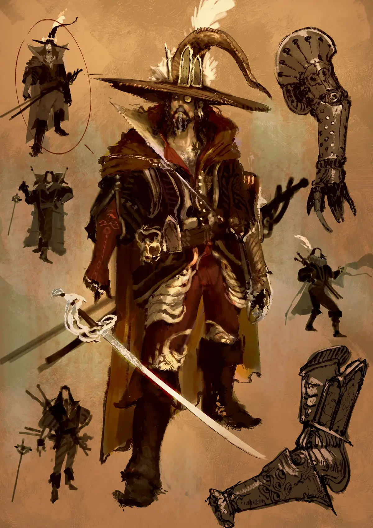Duellist in a wide plumed hat mid-stride, blade drawn, in a green-lit hall.