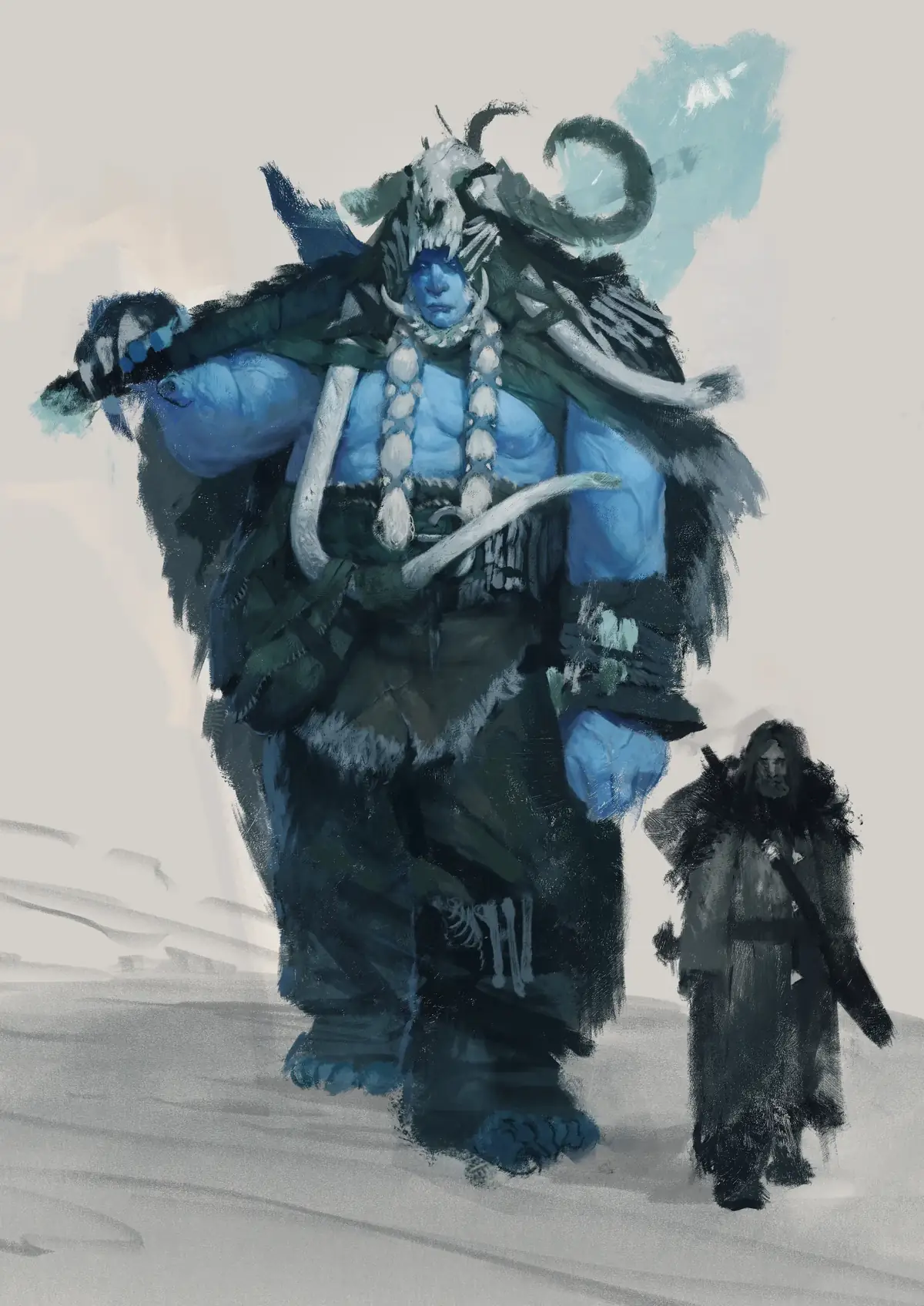 Blue-skinned giant in furs and bone ornaments walking through snow beside a small cloaked figure.
