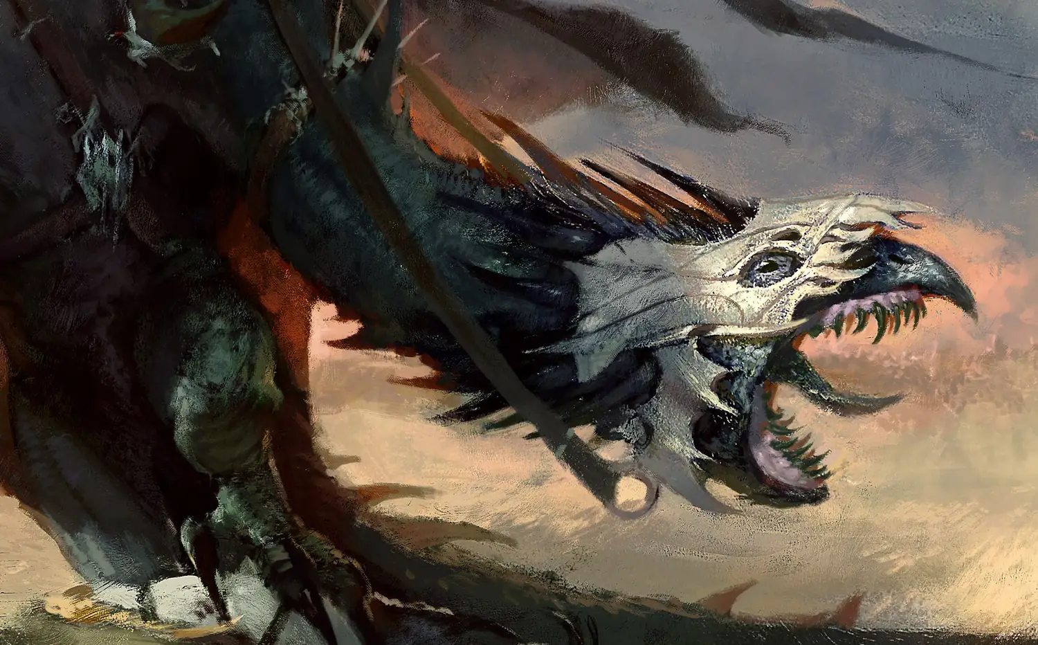 Close detail of a winged beast's pale skull-like head, jaws open, wings dark against a dusty sky.