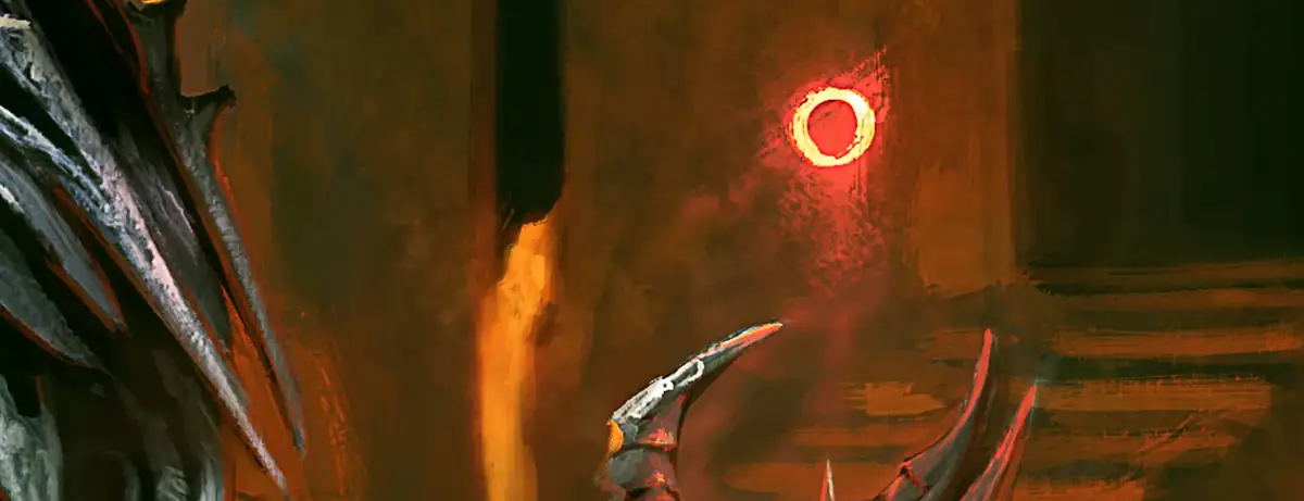 A ring of red light burning in a dark hall, seen past a horned silhouette.